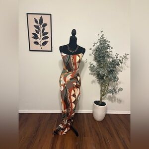 -SOLD-Lovely Day Multicolor Abstract Strap Maxi Dress in Orange, Brown, Cream